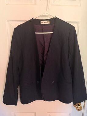 Vintage Personal Dark Navy Collarless Double-Button Wool Blazer
